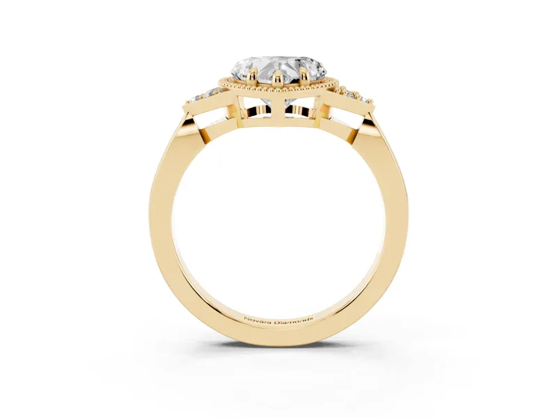 Heart Cut Diamond Milgrain Solitaire Ring Set in Yellow gold with Tapered Pavé Band and Prong Setting