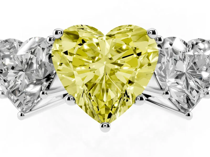 Heart-Shaped Three Stone Engagement Ring Setting for a Fancy Yellow Lab-Grown Diamond | Beaded Shoulders | Platinum