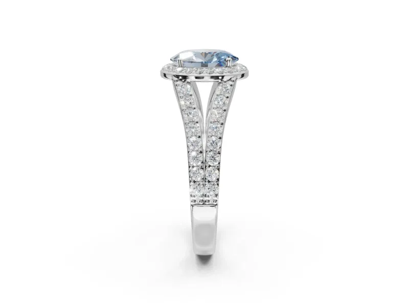 Oval Halo Pavé Engagement Ring Setting for a Fancy Blue Lab-Grown Diamond | Narrow Split Shank | Sterling Silver