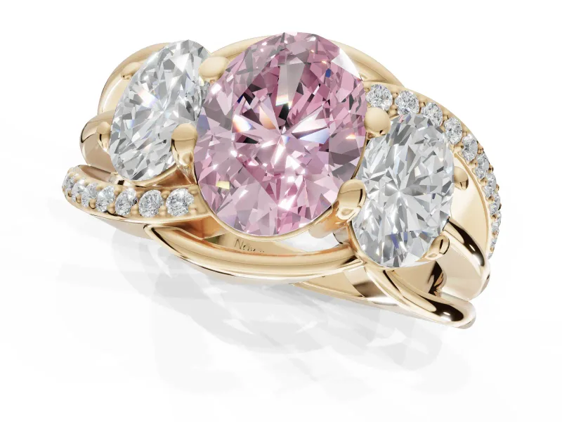 Oval Three Stone Split Shank Engagement Ring Setting for a Fancy Pink Lab-Grown Diamond | Matching Sides | Yellow Gold