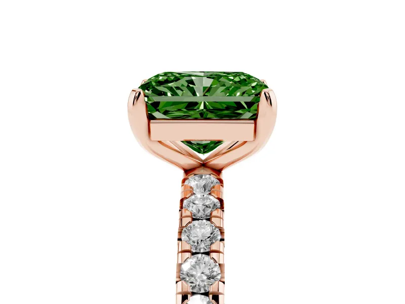 Fancy Green Radiant Cut Diamond Pavé Solitaire Ring Set in Rose gold with Round Band and Prong Setting