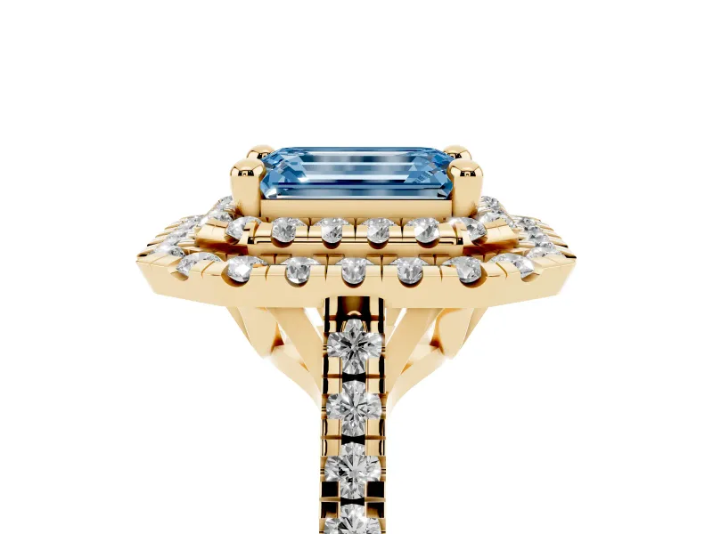 Emerald Cut Double Halo Engagement Ring Setting for a Fancy Blue Lab-Grown Diamond | Pave Shoulders | Yellow Gold