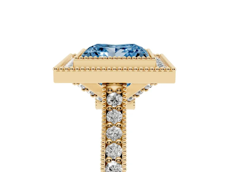 Princess Cut Vintage Milgrain Halo Engagement Ring Setting for a Fancy Blue Lab-Grown Diamond | Bezel Head | Yellow Gold