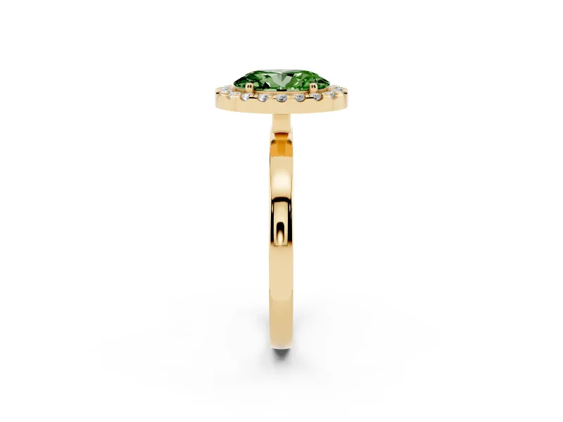 Oval Thin Halo Engagement Ring Setting for a Fancy Green Lab-Grown Diamond | Plain Polished Band | Yellow Gold