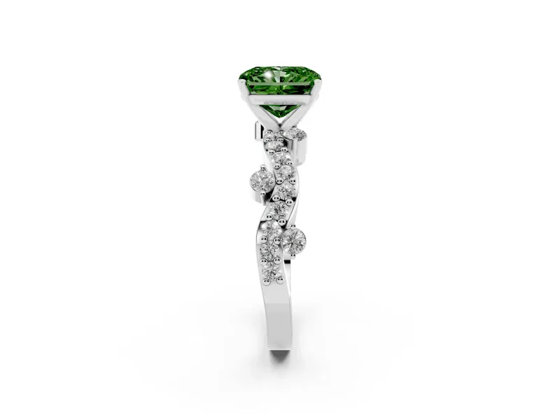 Fancy Green Radiant Cut Diamond Solitaire Twisted Band Set in Silver with Pavé Setting