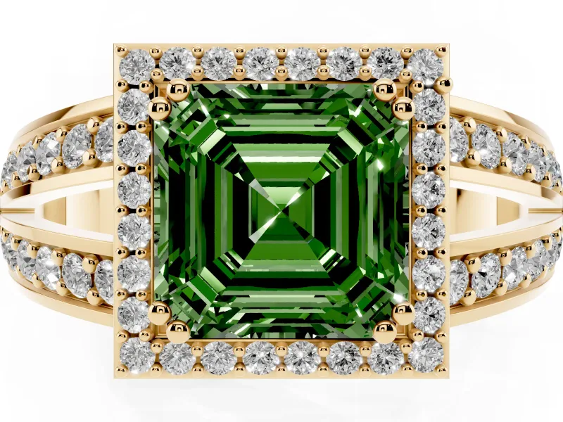 Asscher Cut Halo Engagement Ring Setting for a Fancy Green Lab-Grown Diamond | Two-Row Pave Split Shank | Yellow Gold