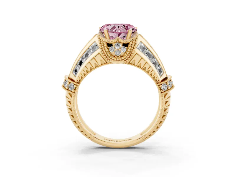 Fancy Pink Heart Cut Diamond Vintage-Inspired Milgrain Ring Set in Yellow gold with Accent Split Shank