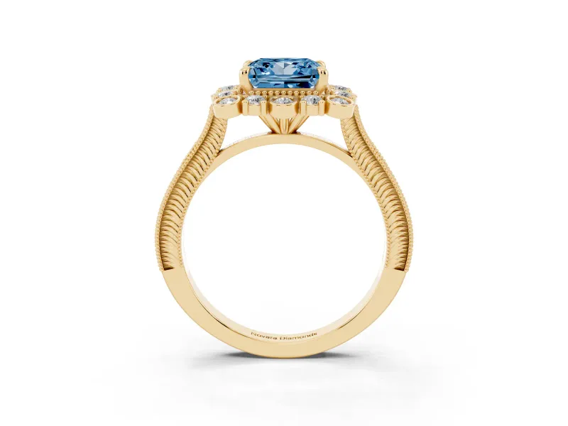 Fancy Blue Princess Cut Diamond Halo Milgrain Pavé Ring Set in Yellow gold with Prong Setting