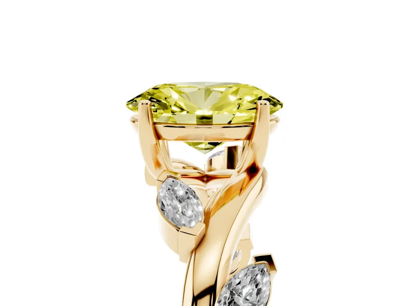 Fancy Yellow Oval Cut Diamond Solitaire Ring Set in Yellow gold with Twisted Marquise Accent Band