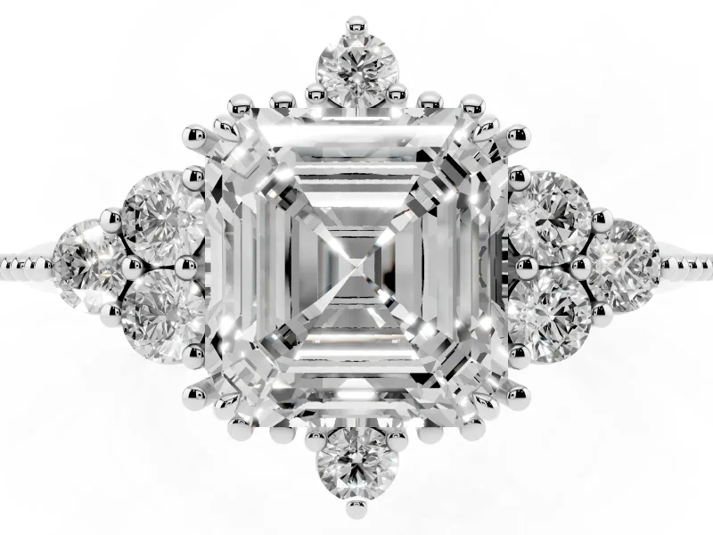 Asscher Cut Vintage Cluster Engagement Ring Setting | Beaded Edges | Sterling Silver