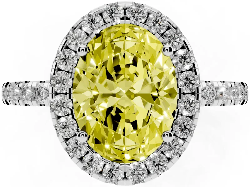 Fancy Yellow Oval Cut Diamond Pavé Band Halo Engagement Ring Set in Silver with Prong Setting