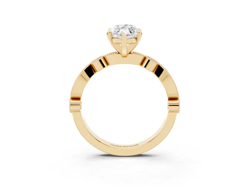 Marquise Cut Diamond Solitaire Engagement Ring Set in Yellow gold with Milgrain Bezel Accent Band