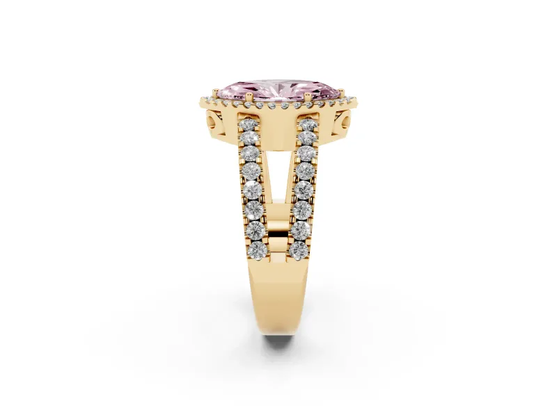 Fancy Pink Marquise Cut Diamond Halo Ring Set in Yellow gold with Pavé Split Shank and Prong Setting