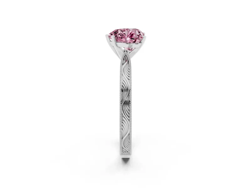 Fancy Pink Heart Cut Diamond Solitaire Milgrain Engraved Band Set in Platinum with Prong Setting