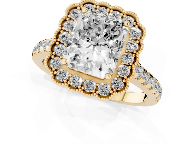 Radiant Cut Vintage Milgrain Floral Halo Engagement Ring Setting | Pavé Band | Yellow Gold