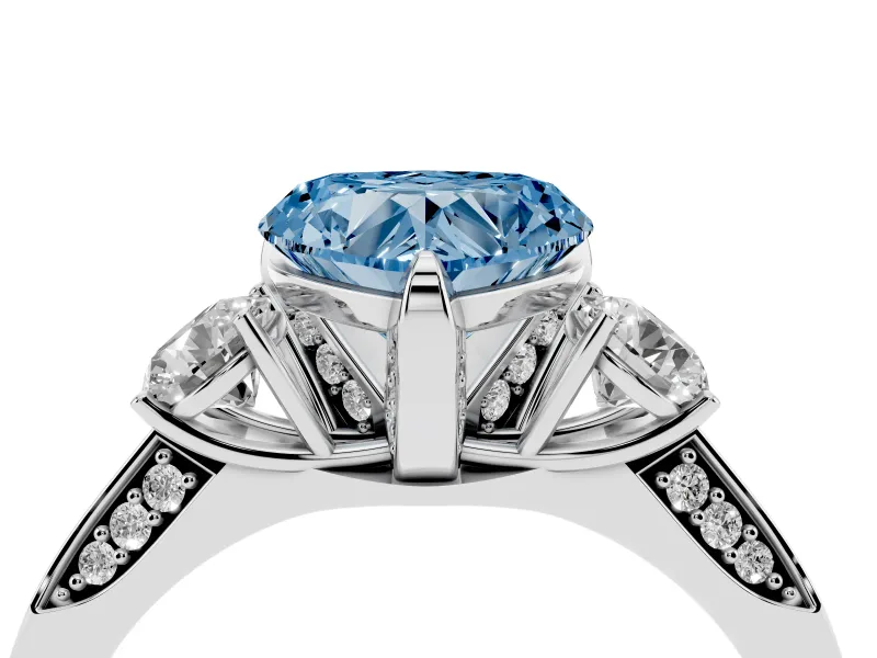 Heart-Shaped Hidden Halo Three Stone Engagement Ring Setting for a Fancy Blue Lab-Grown Diamond | Sterling Silver