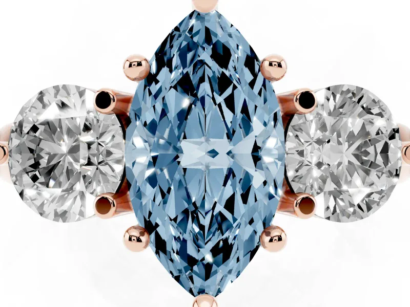 Marquise Three Stone Engagement Ring Setting for a Fancy Blue Lab-Grown Diamond | Open Prong Baskets | Rose Gold