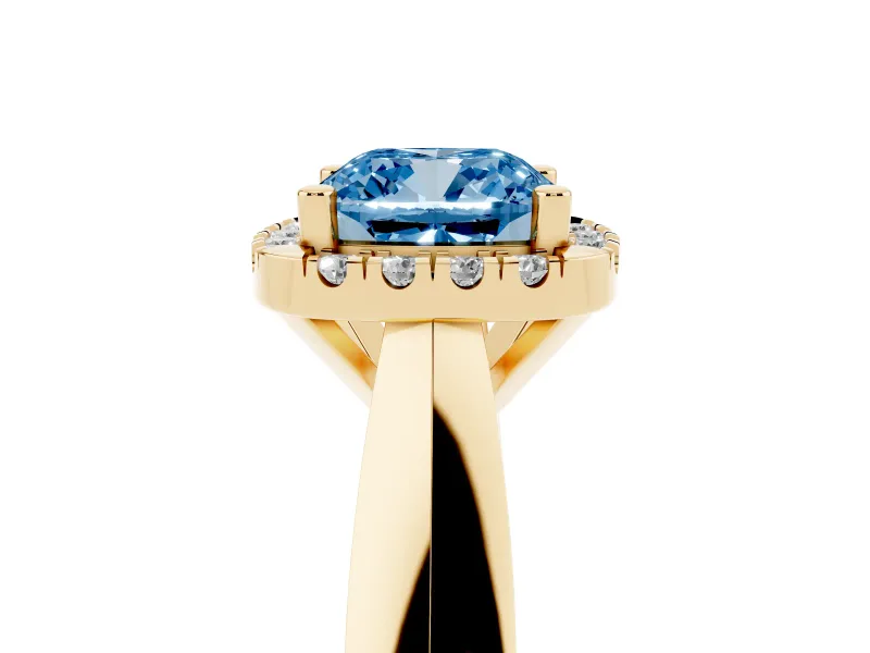 Cushion Cut Halo Engagement Ring Setting for a Fancy Blue Lab-Grown Diamond | Square Profile Band | Yellow Gold