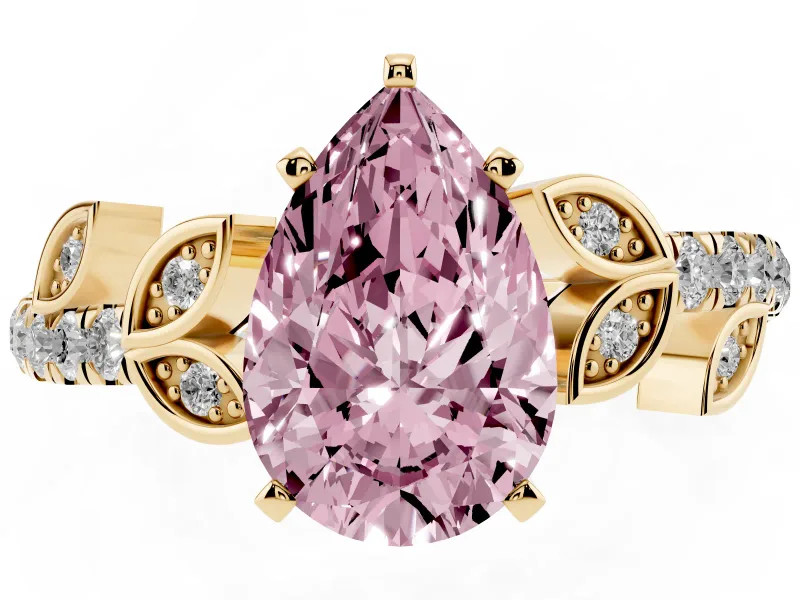 Fancy Pink Pear Cut Diamond Solitaire Leaf-Inspired Ring Set in Yellow gold with Pavé Band and Prong Setting