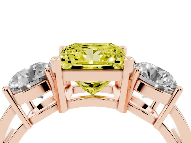 Princess Cut Three Stone Engagement Ring Setting for a Fancy Yellow Lab-Grown Diamond | Wide Plain Band | Rose Gold