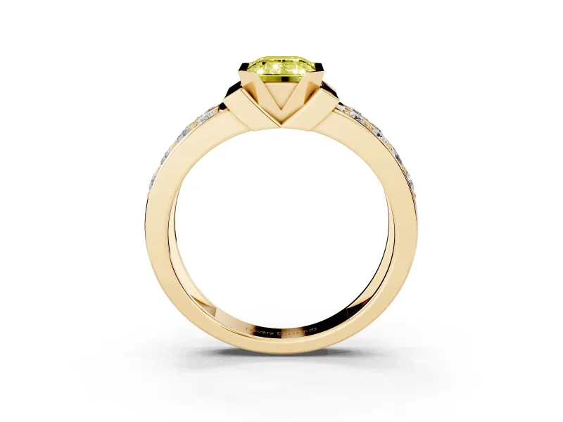 Emerald Cut Half Bezel Engagement Ring Setting for a Fancy Yellow Lab-Grown Diamond | Channel Band | Yellow Gold