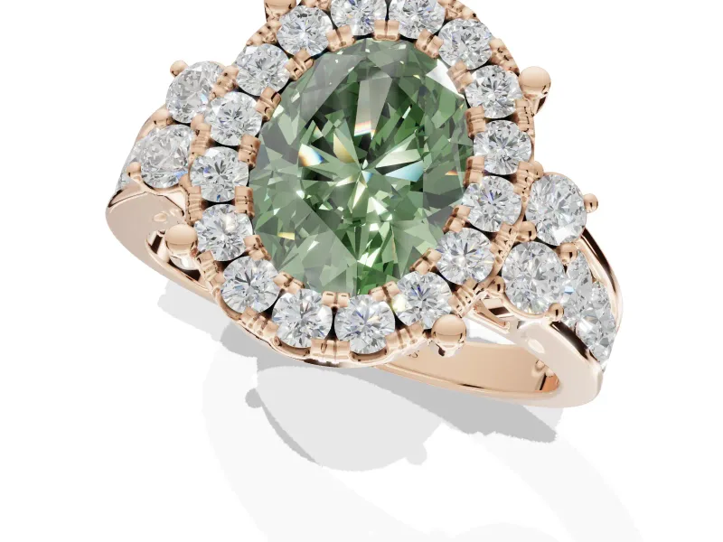 Oval Halo Engagement Ring Setting for a Fancy Green Lab-Grown Diamond | Side Clusters | Rose Gold