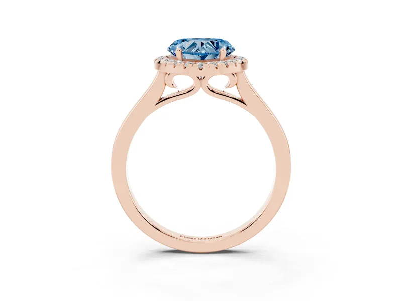 Fancy Blue Heart Cut Halo Round Diamond Solitaire Ring Set in Rose gold with Pavé Band and Prong Setting