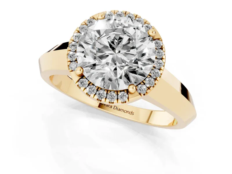 Round Cut Diamond Halo Ring Set in Yellow gold with Cathedral Band and Prong Setting