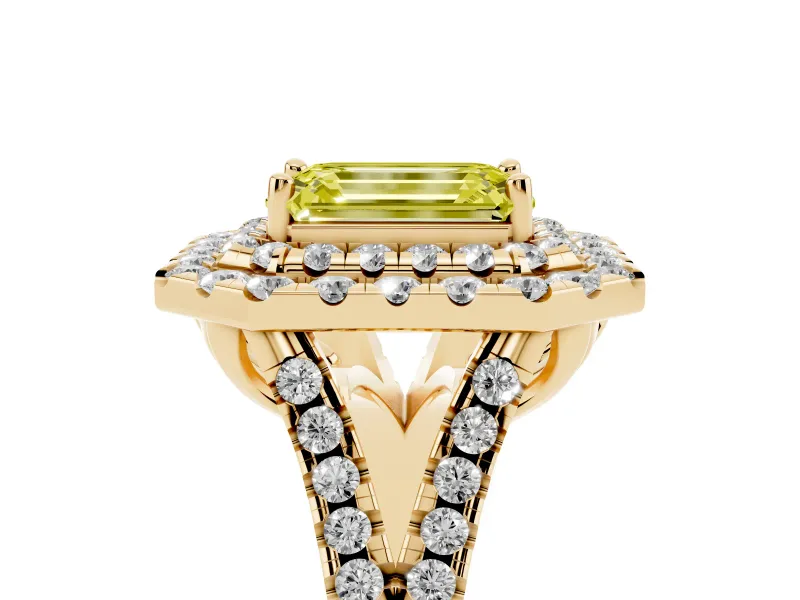 Emerald Cut Halo Split Shank Engagement Ring Setting for a Fancy Yellow Lab-Grown Diamond | Yellow Gold