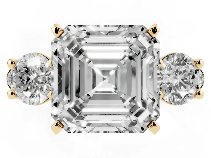 Asscher Cut Three-Stone Pavé Engagement Ring Setting | Round Side Stones | Yellow Gold
