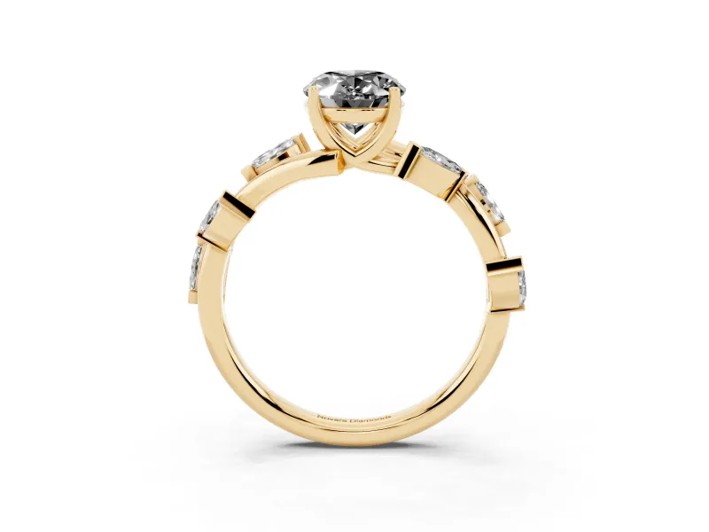 Fancy Black Oval Cut Diamond Solitaire Ring Set in Yellow gold with Twisted Marquise Accent Band