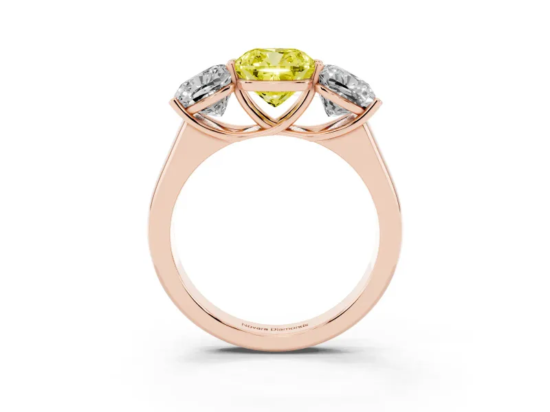 Cushion Cut Three Stone Engagement Ring Setting for a Fancy Yellow Lab-Grown Diamond | Basket Prong Heads | Rose Gold