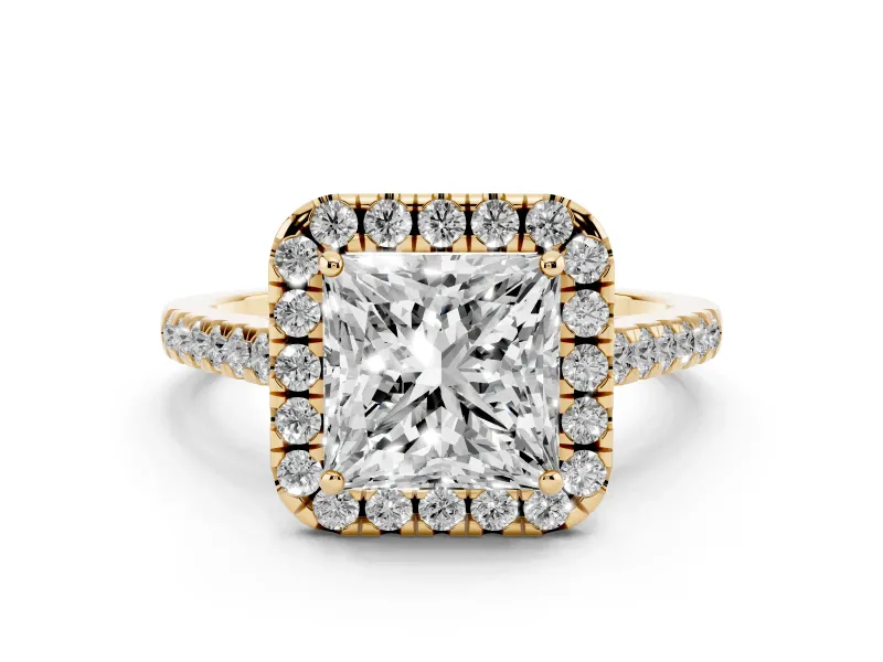Princess Cut Diamond Halo Pavé Engagement Ring Set in Yellow gold with Prong Setting
