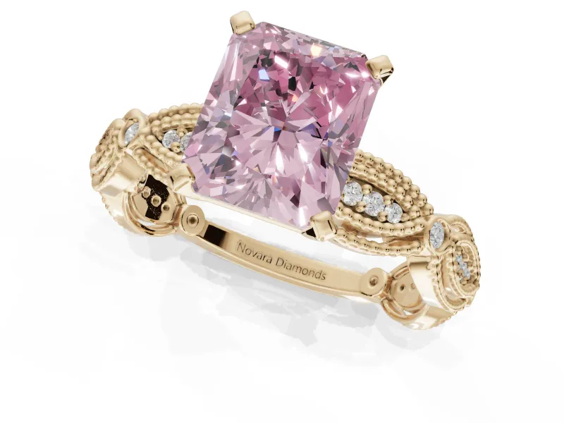 Radiant Cut Vintage Engagement Ring Setting for a Fancy Pink Lab-Grown Diamond | Graduated Stations | Yellow Gold