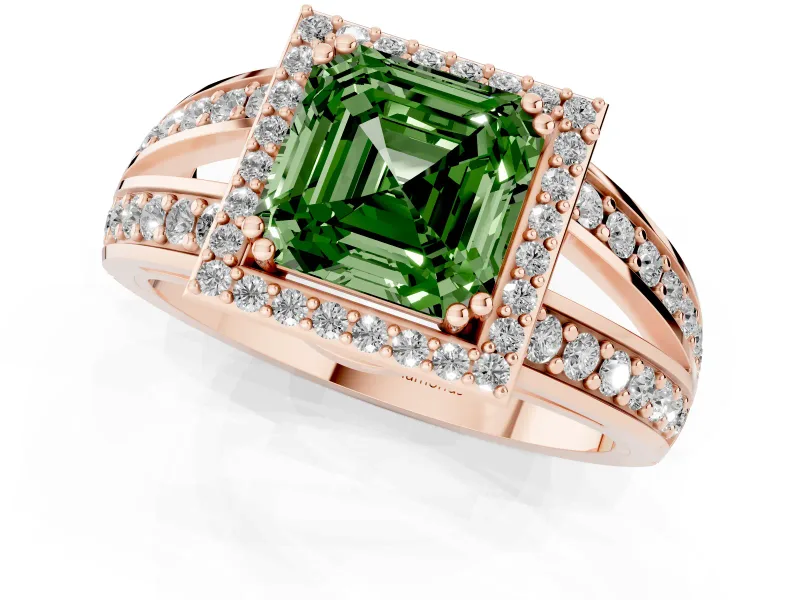 Asscher Cut Halo Engagement Ring Setting for a Fancy Green Lab-Grown Diamond | Two-Row Pave Split Shank | Rose Gold