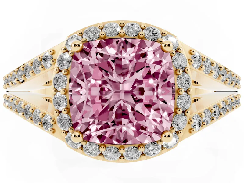 Cushion Cut Halo Engagement Ring Setting for a Fancy Pink Lab-Grown Diamond | V-Split Pavé Band | Yellow Gold