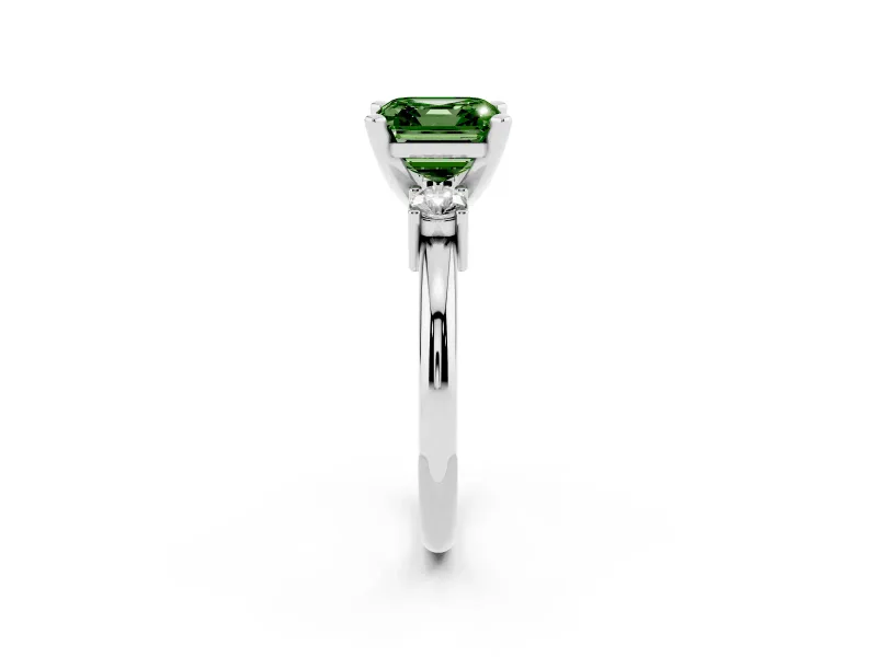 Fancy Green Three-Stone Asscher Cut Diamond Ring Set in Silver with Prong Setting and Plain Band