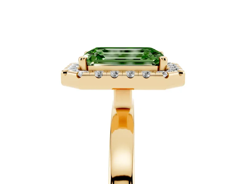 Fancy Green Emerald Cut Diamond Halo Solitaire Ring Set in Yellow gold with Pavé Band and Prong Setting