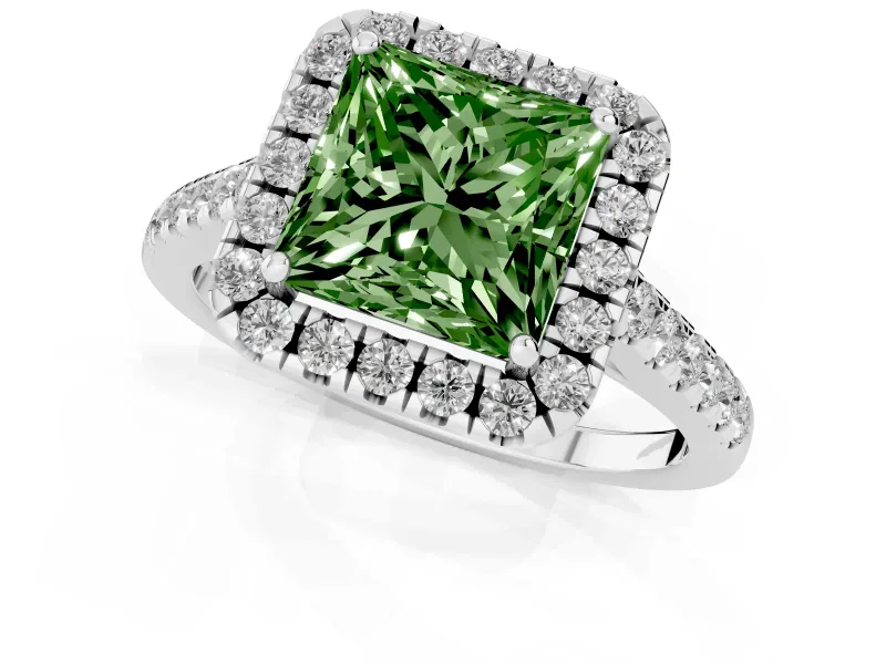Princess Cut Halo Engagement Ring Setting for a Fancy Green Lab-Grown Diamond | Pave Shoulders | Platinum