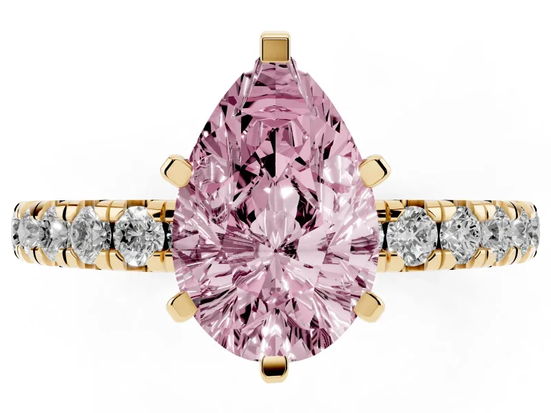 Fancy Pink Pear Cut Diamond Pavé Solitaire Ring Set in Yellow gold with Round Band and Prong Setting
