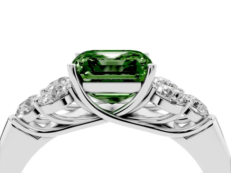 Fancy Green Asscher Cut Diamond Cluster Ring Set in White gold with Round Accent Stones and Prong Setting on a Plain Band