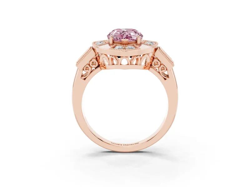 Fancy Pink Pear Cut Diamond Milgrain Halo Ring Set in Rose gold with Split Shank