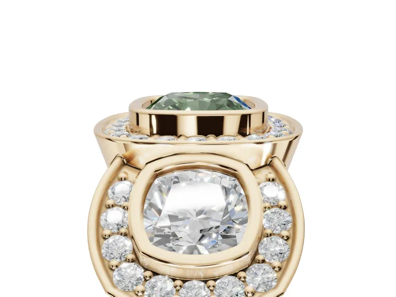 Cushion Cut Three Stone Halo Engagement Ring Setting for a Fancy Green Lab-Grown Diamond | Bezel Set | Yellow Gold