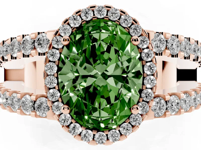 Fancy Green Oval Cut Diamond Halo Ring Set in Rose gold with Pavé Split Shank and Prong Setting