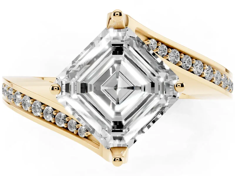 Asscher Cut Diamond Solitaire Ring Set in Yellow gold with Intertwined Pavé Twist Band