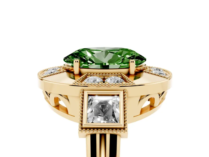 Oval Milgrain Sectioned Halo Engagement Ring Setting for a Fancy Green Lab-Grown Diamond | Yellow Gold