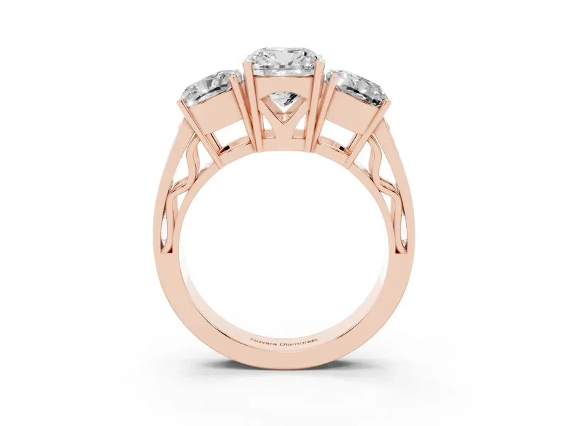 Cushion Cut Three Stone Engagement Ring Setting | Beaded Shoulders | Rose Gold