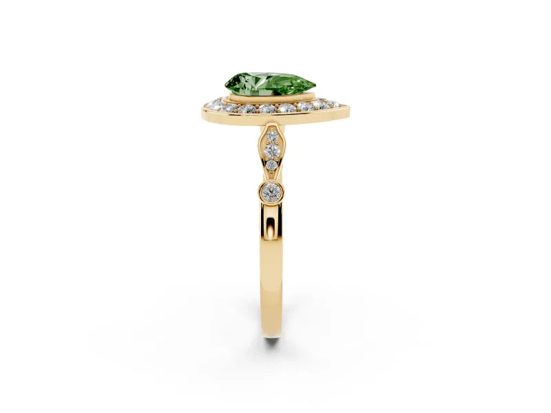 Pear-Shaped Halo Engagement Ring Setting for a Fancy Green Lab-Grown Diamond | Bezel Station Shoulders | Yellow Gold