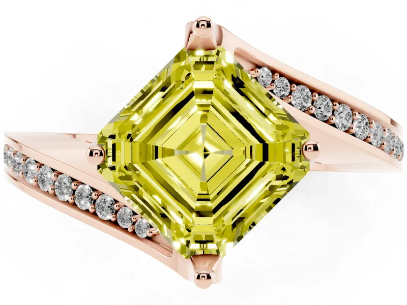 Fancy Yellow Asscher Cut Diamond Solitaire Ring Set in Rose gold with Intertwined Pavé Twist Band