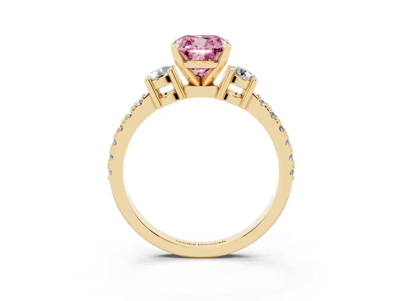 Fancy Pink Three-Stone Cushion Cut Diamond Pavé Band Ring Set in Yellow gold with Prong Setting